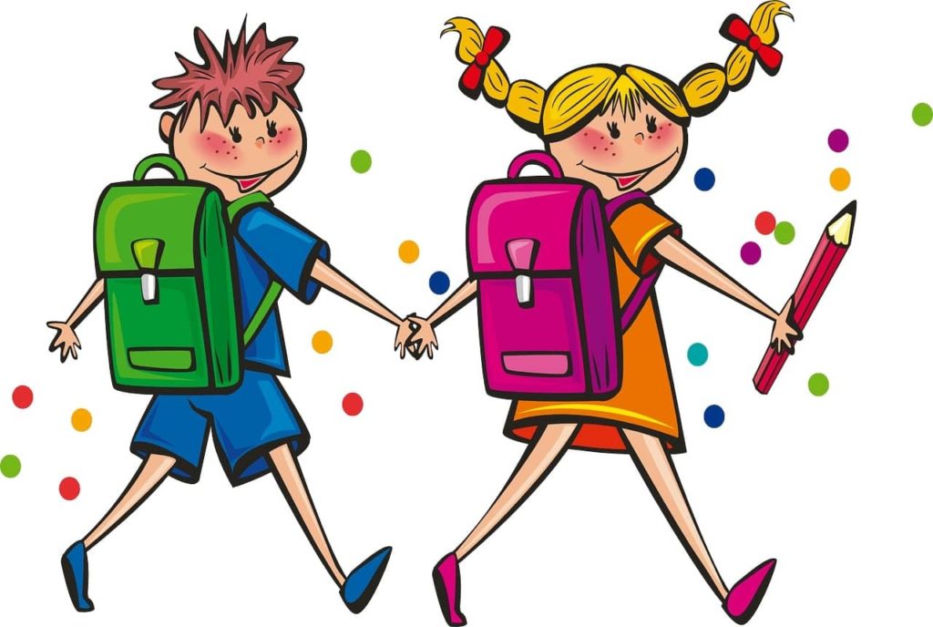 cartoon graphics of a young boy and girl holding hands carrying backpacks
