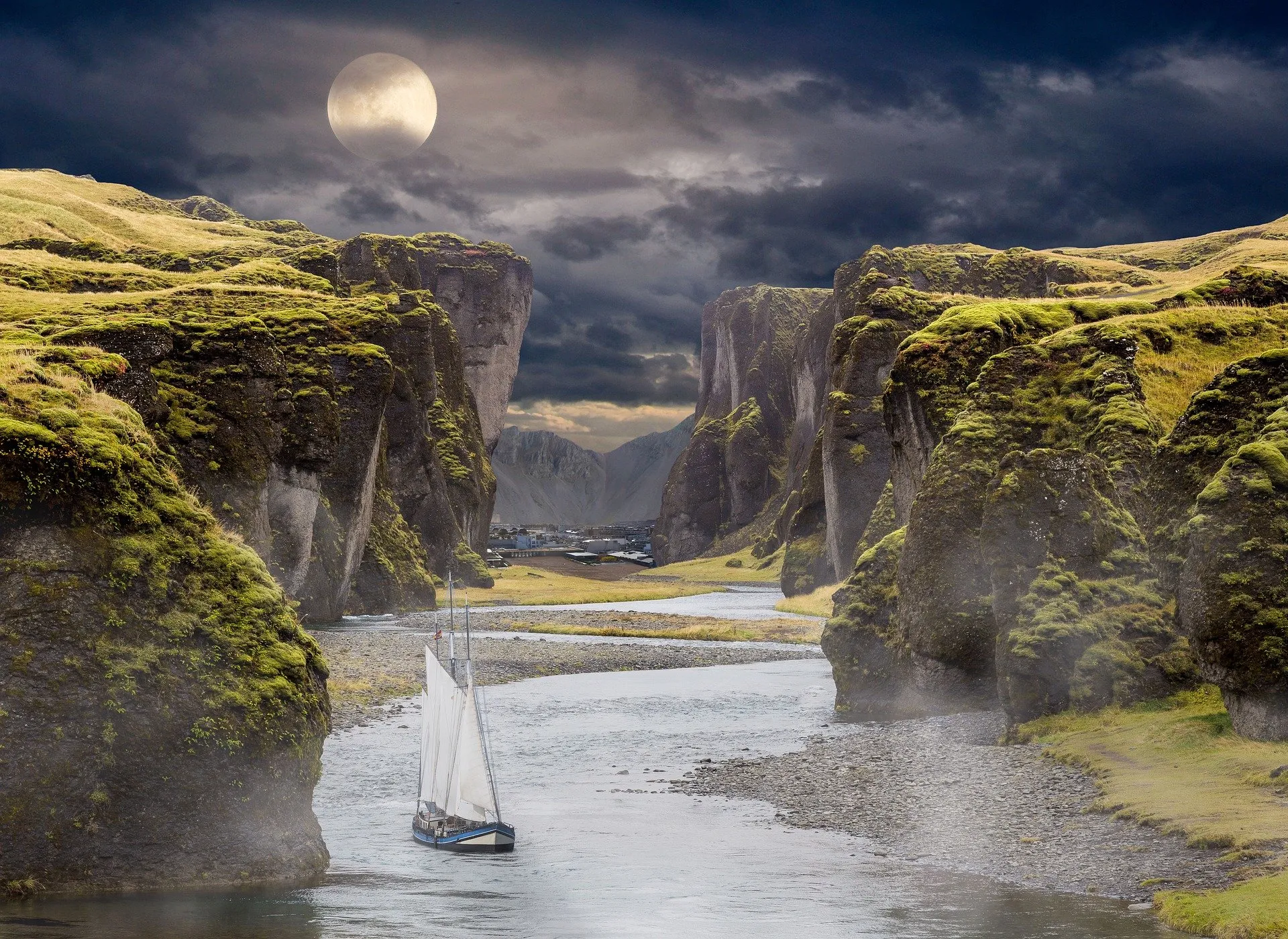 small boat crossing a river under the moonlight