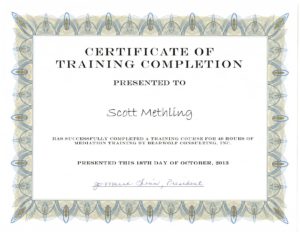 Certificate of Training Completion for Scott Methling
