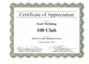 100 Club Certificate of Appreciation for Scott Methling