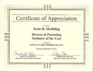 Divorce & Parenting Mediator of the Year Certificate of Appreciation for Scott Methling