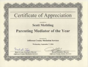 Parenting Mediator of the Year Certificate of Appreciation for Scott Methling